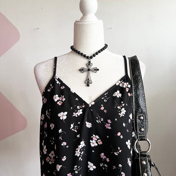 Black Floral Cami Tank Top, Gothic Whimsigoth Coquette Grunge Indie Sleaze Large - Picture 2 of 6